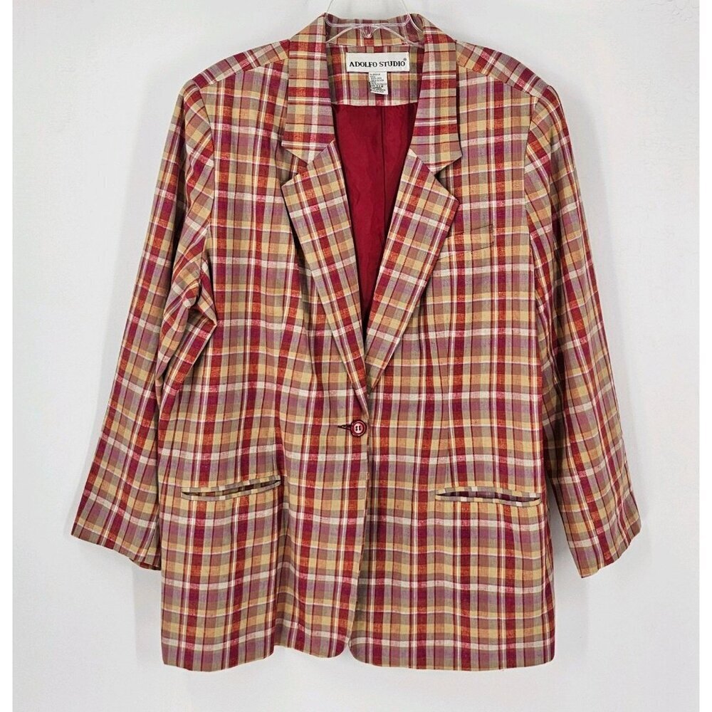 Adolfo Studio Sz 22W Red Plaid Blazer Linen Blend One Button Closure w/Pockets